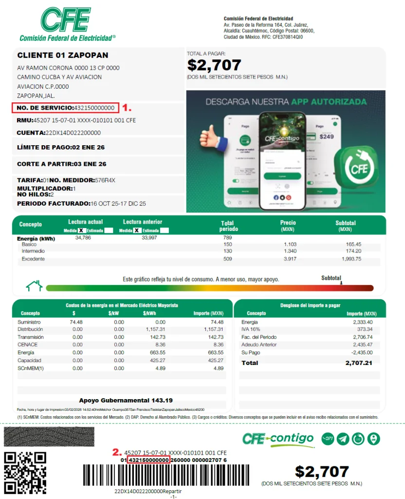 Ubicaci&oacute;n del N&uacute;mero de Servicio (RPU) en el recibo de luz de CFE